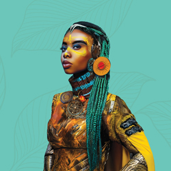  Woman with long teal braids wearing a colorful, patterned outfit and a large orange earring. The background is teal with subtle leaf patterns.